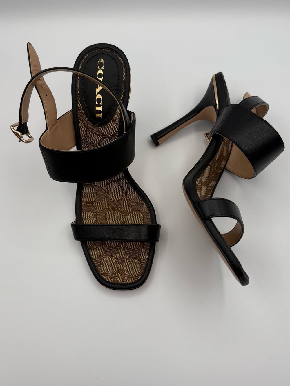 Coach Black Leather Open-Strap High Heel Sandals with Signature Insole